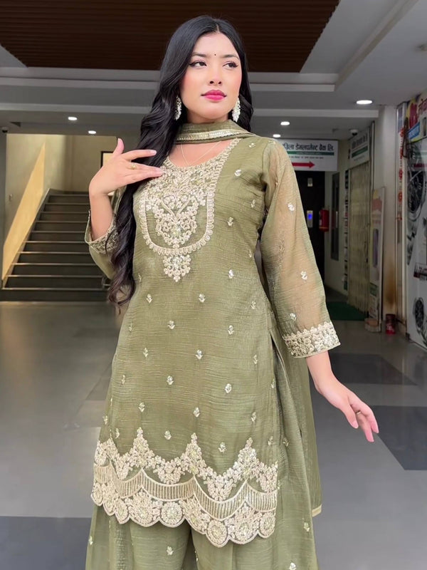 New Designer Party Wear Look Top , Sharara Plazzo and Dupatta Heavy Crunchy Silk With 5mm Sequence Embroidery Work.