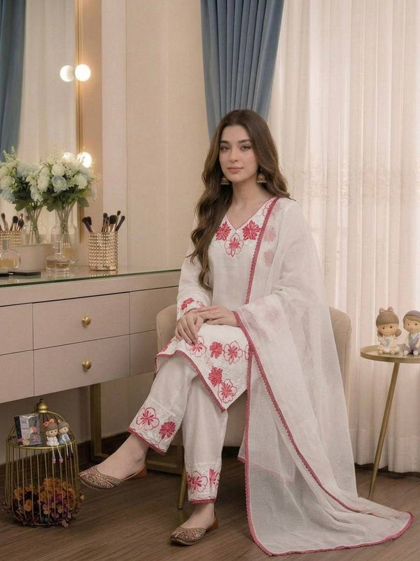 Pure Satin Rayon With Embroidery Thread Work, GPU Lace Border, And Fancy Bell Sleeves Palazzo Suit Set