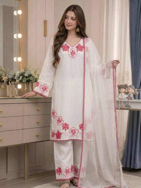 Pure Satin Rayon With Embroidery Thread Work, GPU Lace Border, And Fancy Bell Sleeves Palazzo Suit Set