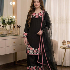 Pure Satin Rayon With Embroidery Thread Work, GPU Lace Border, And Fancy Bell Sleeves Palazzo Suit Set