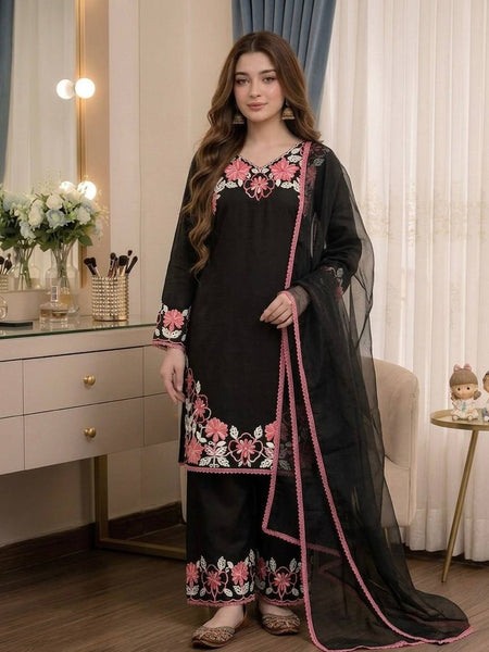 Pure Satin Rayon With Embroidery Thread Work, GPU Lace Border, And Fancy Bell Sleeves Palazzo Suit Set