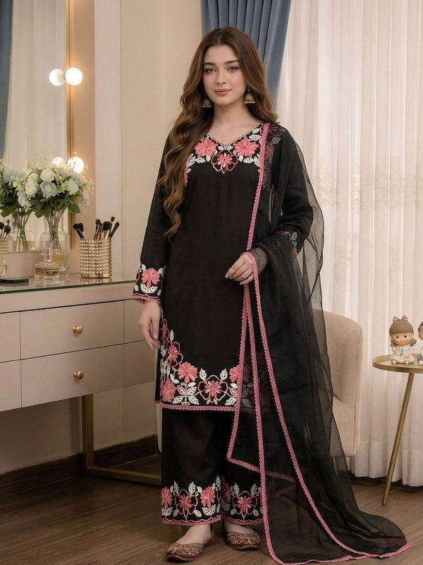 Pure Satin Rayon With Embroidery Thread Work, GPU Lace Border, And Fancy Bell Sleeves Palazzo Suit Set