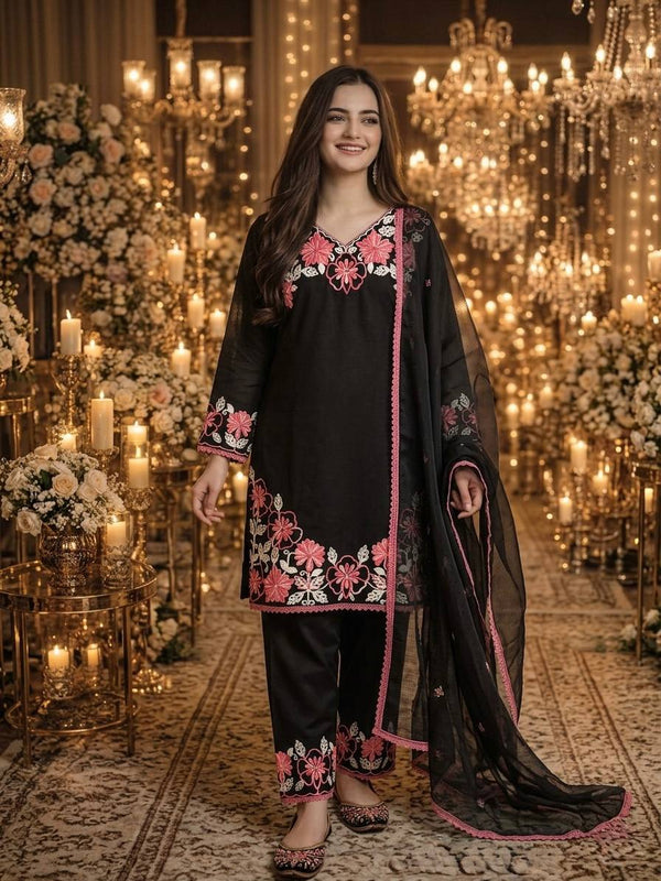 Pure Satin Rayon With Embroidery Thread Work, GPU Lace Border, And Fancy Bell Sleeves Palazzo Suit Set