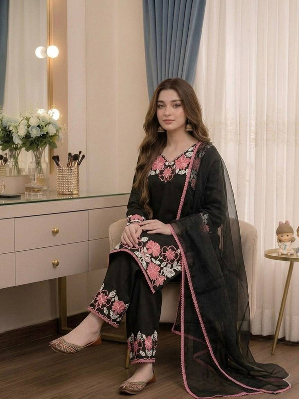 Pure Satin Rayon With Embroidery Thread Work, GPU Lace Border, And Fancy Bell Sleeves Palazzo Suit Set