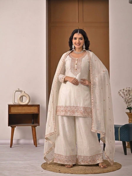 Heavy Crunchy Silk Material With Embroidery Work Palazzo Suit Set