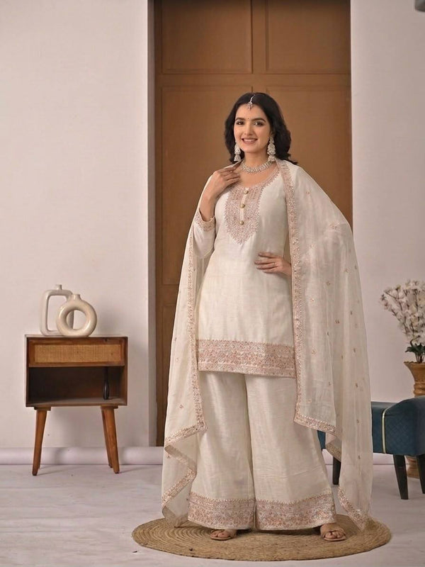 Heavy Crunchy Silk Material With Embroidery Work Palazzo Suit Set