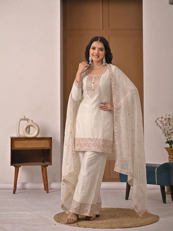 Heavy Crunchy Silk Material With Embroidery Work Palazzo Suit Set