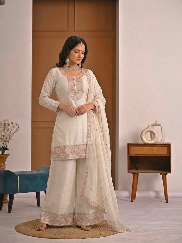 Heavy Crunchy Silk Material With Embroidery Work Palazzo Suit Set