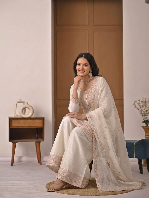 Heavy Crunchy Silk Material With Embroidery Work Palazzo Suit Set