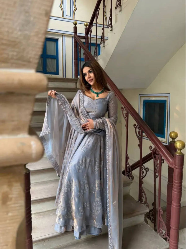 Heavy Fandy Silk With Bits Hand Work With Embroidery Work Anarkali Suit