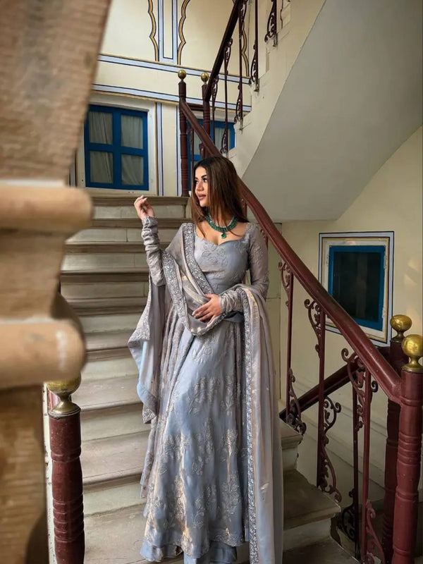 Heavy Fandy Silk With Bits Hand Work With Embroidery Work Anarkali Suit