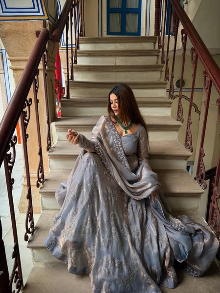 Heavy Fandy Silk With Bits Hand Work With Embroidery Work Anarkali Suit