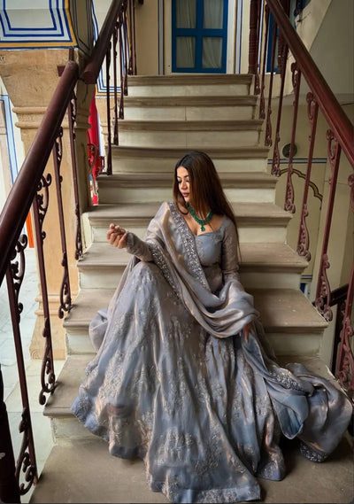 Heavy Fandy Silk With Bits Hand Work With Embroidery Work Anarkali Suit