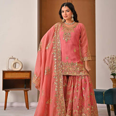 Heavy Crunchy Silk Material With Sequence And Embroidery Work Sharara Palazzo Suit Set