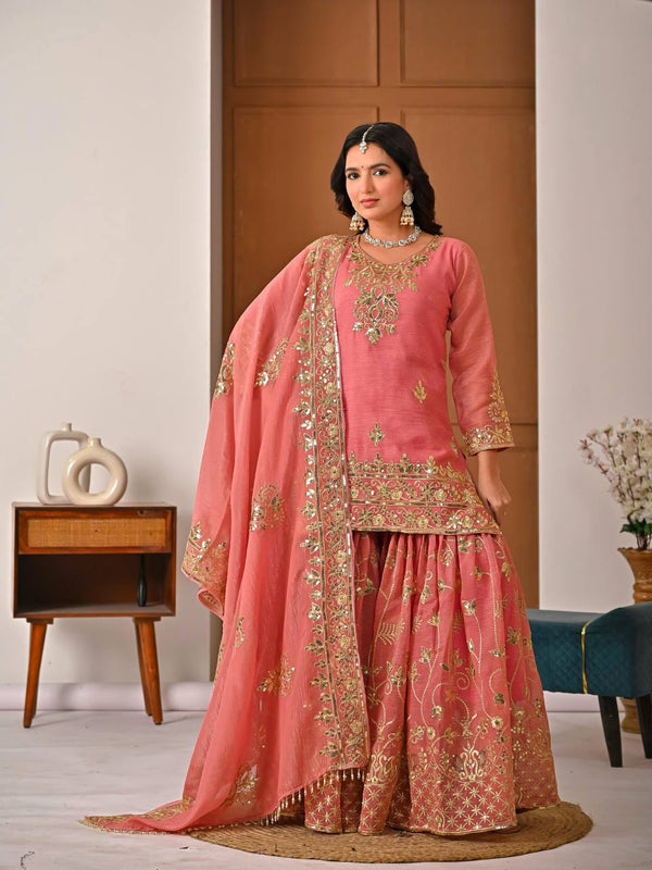 Heavy Crunchy Silk Material With Sequence And Embroidery Work Sharara Palazzo Suit Set