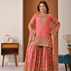 Heavy Crunchy Silk Material With Sequence And Embroidery Work Sharara Palazzo Suit Set