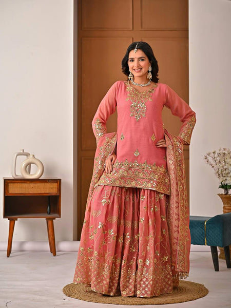 Heavy Crunchy Silk Material With Sequence And Embroidery Work Sharara Palazzo Suit Set