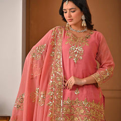 Heavy Crunchy Silk Material With Sequence And Embroidery Work Sharara Palazzo Suit Set