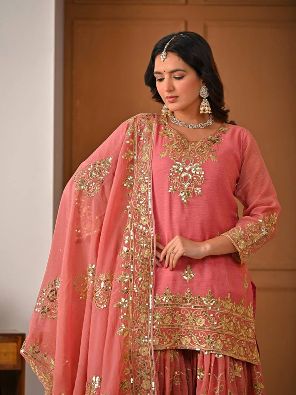 Heavy Crunchy Silk Material With Sequence And Embroidery Work Sharara Palazzo Suit Set