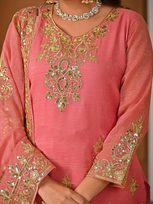 Heavy Crunchy Silk Material With Sequence And Embroidery Work Sharara Palazzo Suit Set