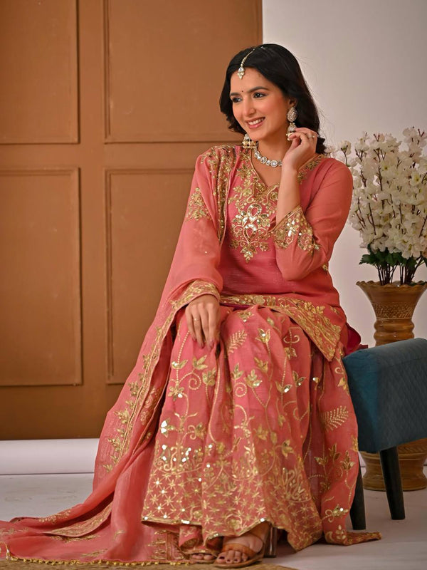Heavy Crunchy Silk Material With Sequence And Embroidery Work Sharara Palazzo Suit Set