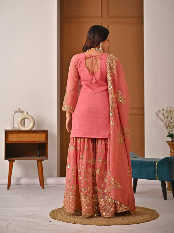 Heavy Crunchy Silk Material With Sequence And Embroidery Work Sharara Palazzo Suit Set