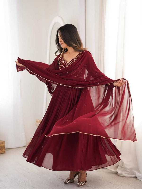 Heavy Faux Georgette With Bids Hand Work Designer Gown Anarkali Suit