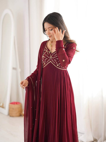 Heavy Faux Georgette With Bids Hand Work Designer Gown Anarkali Suit