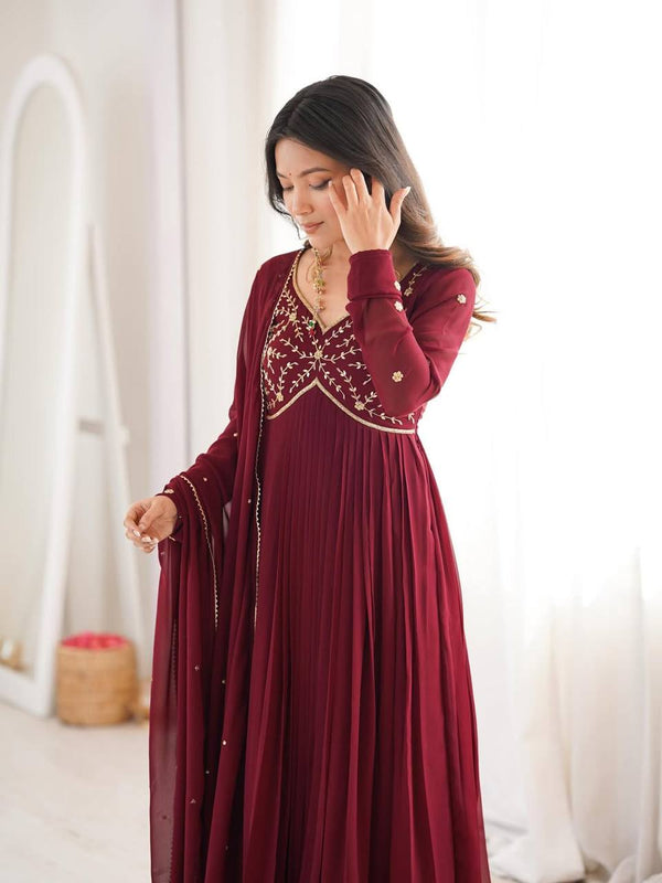 Heavy Faux Georgette With Bids Hand Work Designer Gown Anarkali Suit