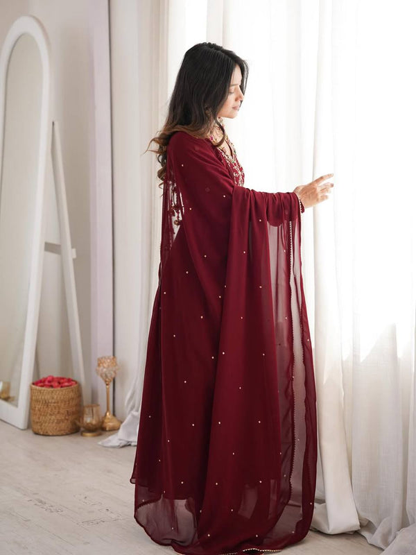 Heavy Faux Georgette With Bids Hand Work Designer Gown Anarkali Suit
