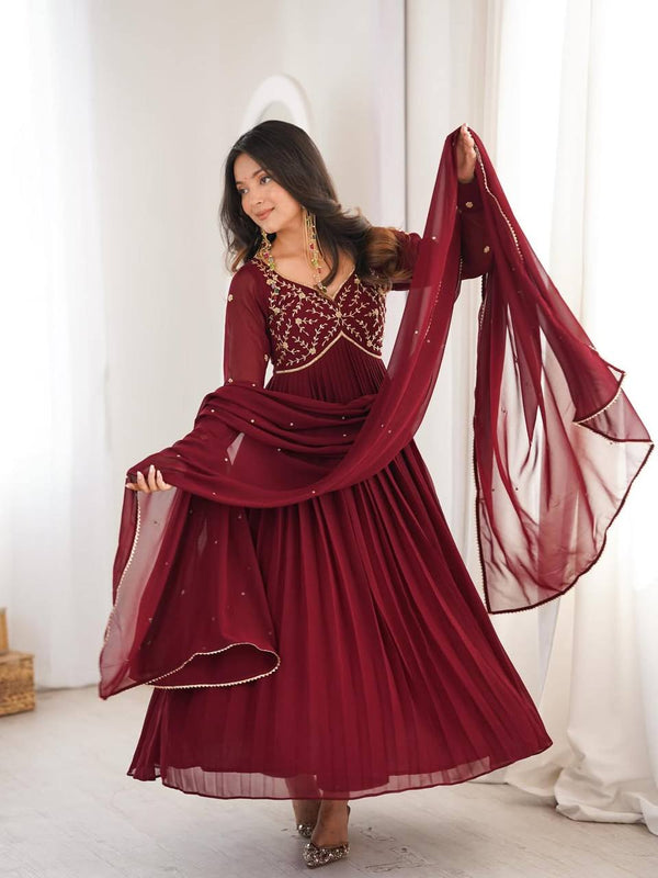 Heavy Faux Georgette With Bids Hand Work Designer Gown Anarkali Suit