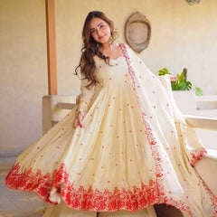 Pure Cosmos Silk Material And Thread Embroidery Work Anarkali Suit In New Fancy Style