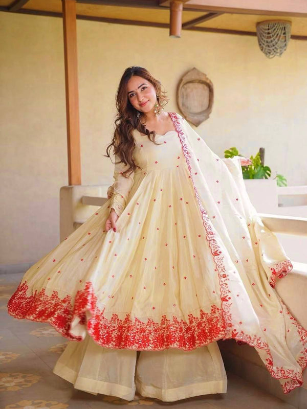 Pure Cosmos Silk Material And Thread Embroidery Work Anarkali Suit In New Fancy Style