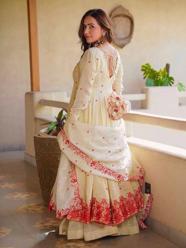 Pure Cosmos Silk Material And Thread Embroidery Work Anarkali Suit In New Fancy Style