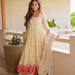 Pure Cosmos Silk Material And Thread Embroidery Work Anarkali Suit In New Fancy Style