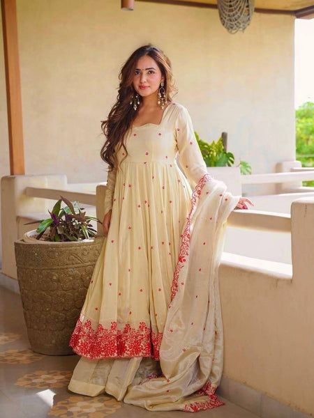 Pure Cosmos Silk Material And Thread Embroidery Work Anarkali Suit In New Fancy Style