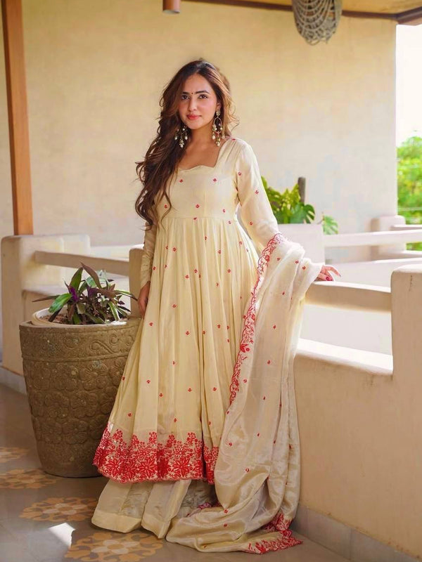 Pure Cosmos Silk Material And Thread Embroidery Work Anarkali Suit In New Fancy Style