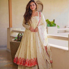 Pure Cosmos Silk Material And Thread Embroidery Work Anarkali Suit In New Fancy Style