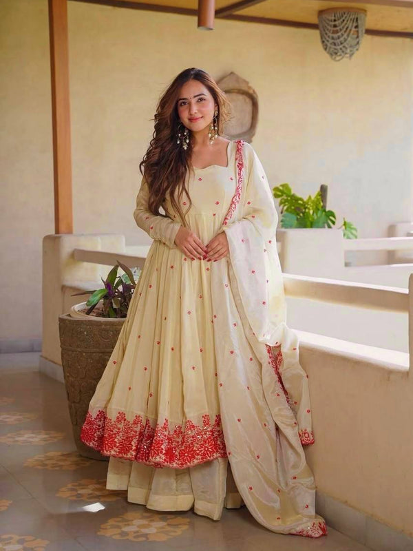 Pure Cosmos Silk Material And Thread Embroidery Work Anarkali Suit In New Fancy Style