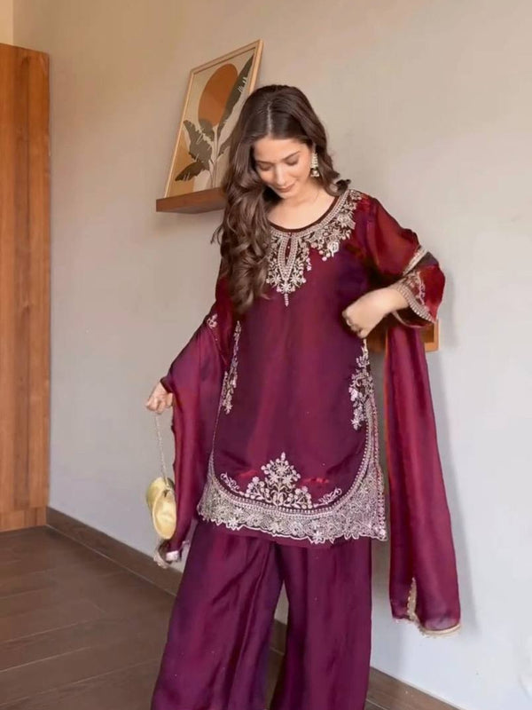Heavy Fendy Silk Material With 5mm Sequence Embroidery Work Palazzo Suit Set