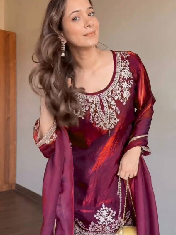 Heavy Fendy Silk Material With 5mm Sequence Embroidery Work Palazzo Suit Set