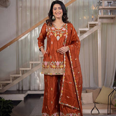 Sindoori Satin Silk Material Palazzo Pant Suit Set