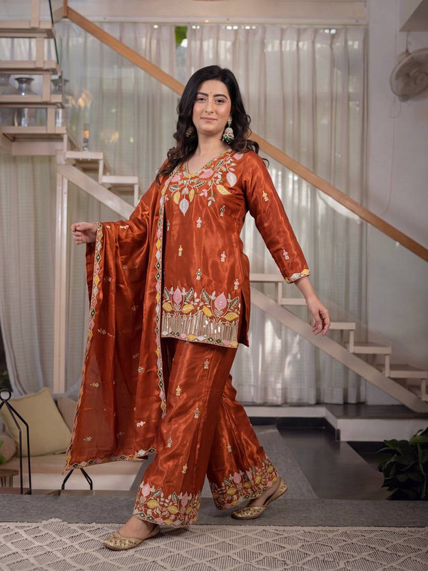 Sindoori Satin Silk Material Palazzo Pant Suit Set