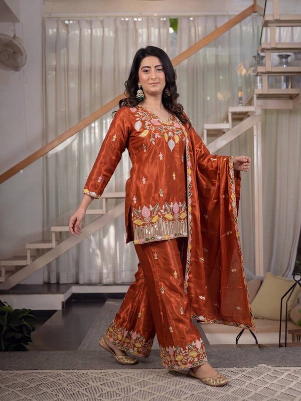 Sindoori Satin Silk Material Palazzo Pant Suit Set