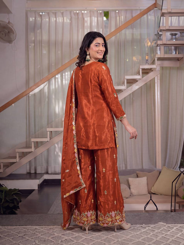 Sindoori Satin Silk Material Palazzo Pant Suit Set