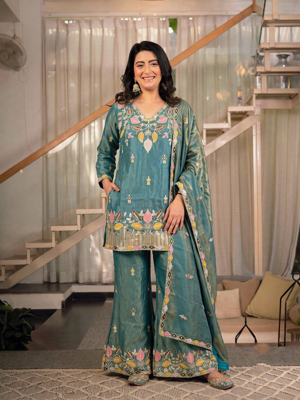Sindoori Satin Silk Material Palazzo Pant Suit Set