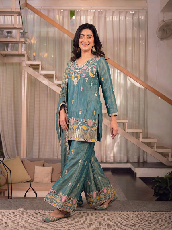 Sindoori Satin Silk Material Palazzo Pant Suit Set
