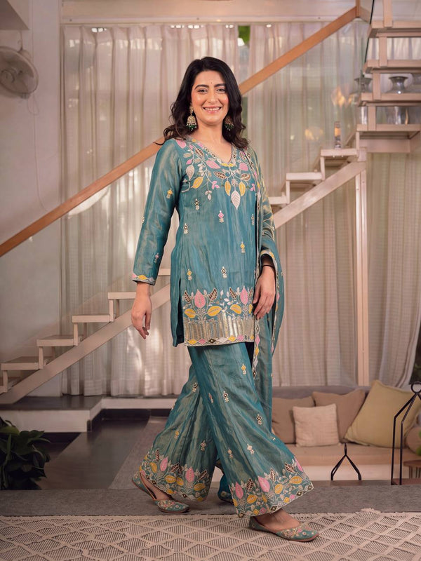Sindoori Satin Silk Material Palazzo Pant Suit Set