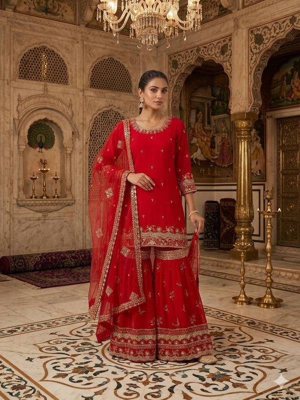 Designer Party Wear Look Top , Sharara Plazzo and Dupatta
