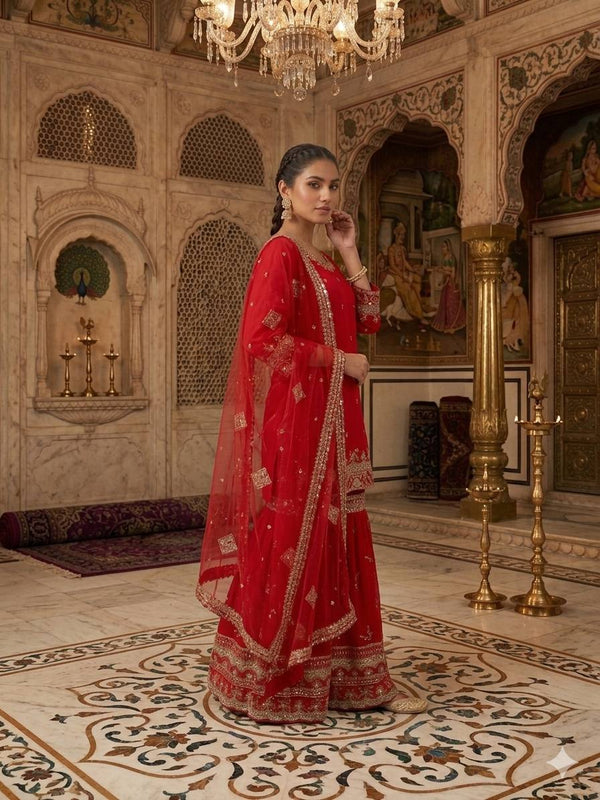 Designer Party Wear Look Top , Sharara Plazzo and Dupatta